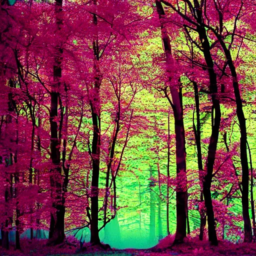 Prompt: forest on Kodak aerochrome, Helios 44 lens