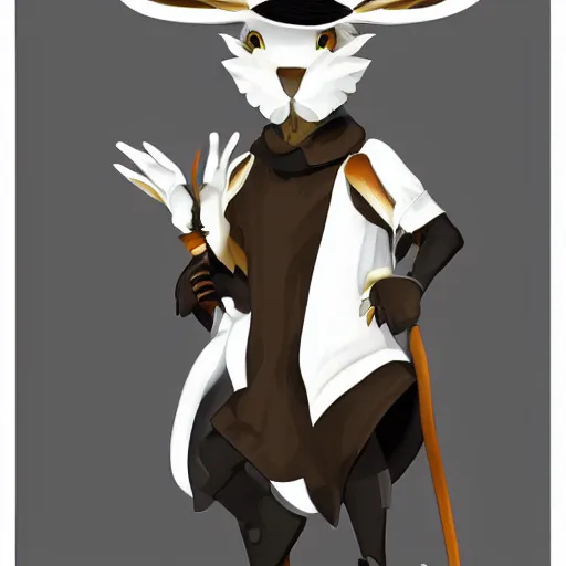 Prompt: anthropomorphic jackrabbit harengon with black skin and white highlights, wearing stylized monk robes and a very wide brimmed black safari hat, focus on hat, digital art featured on artstation