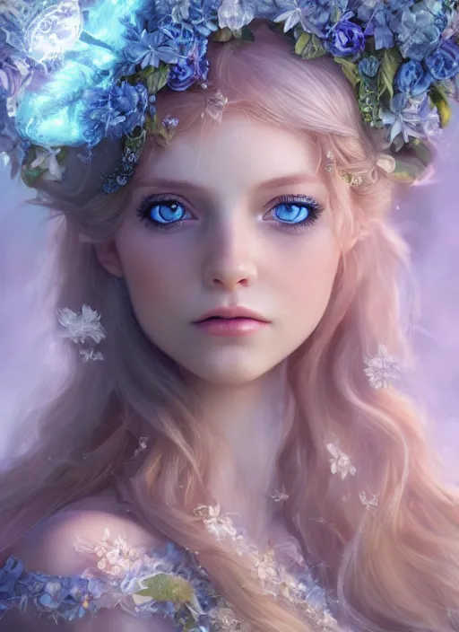 Prompt: portrait of a gorgeous fairy princess of the forest, rococo tiara, , perfect blue eyes, detailed iridescent floral pattern skin, 8k render, ultra realistic, cinematic lighting, artstation, artgerm