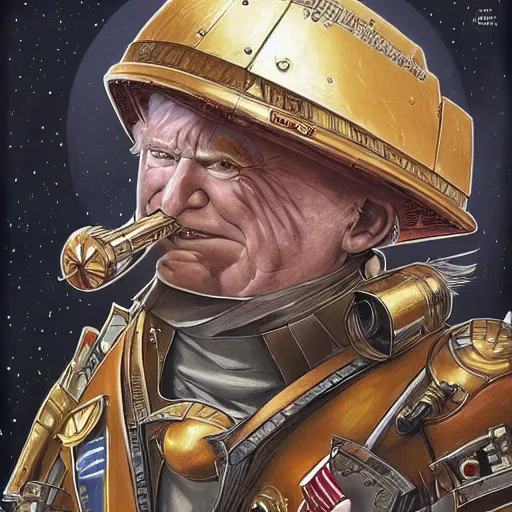 Prompt: A stunning and lovable portrait of Donald Trump as a Warhammer 40K character Moebius, by Mattias Adolfsson, by Mandy Jurgens