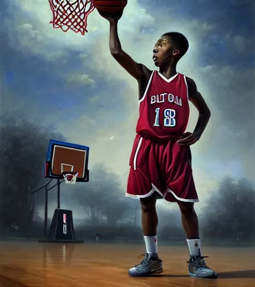 Prompt: portrait of a boy at a basketball court playing basketball wearing a basketball uniform in a basketball court standing near the basketball hoop, painted in 1842, intense emotion, detailed facial expression, detailed surroundings, intricate, elegant, highly detailed, centered, digital painting, artstation, concept art, smooth, sharp focus, illustration, by (Peter Mohrbacher), WLOP