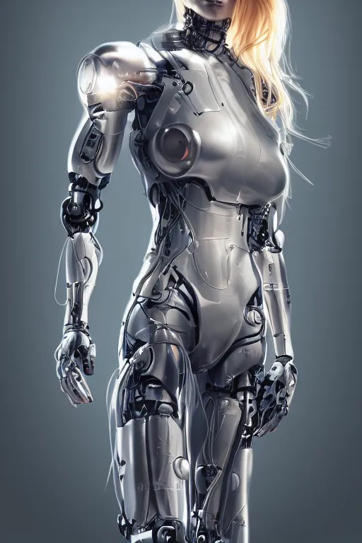 Image similar to a beautiful woman with blonde hair wearing robot suit with wires and light, highly detailed, photorealistic, artstation, smooth