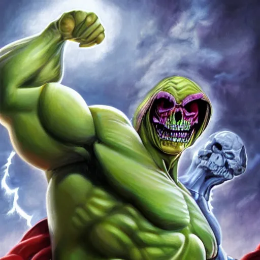 Prompt: ultra realistic portrait painting of skeletor as hulk, art by akira toriyama, 4 k, dragon ball artstyle, cel shaded, highly detailed, epic lighting