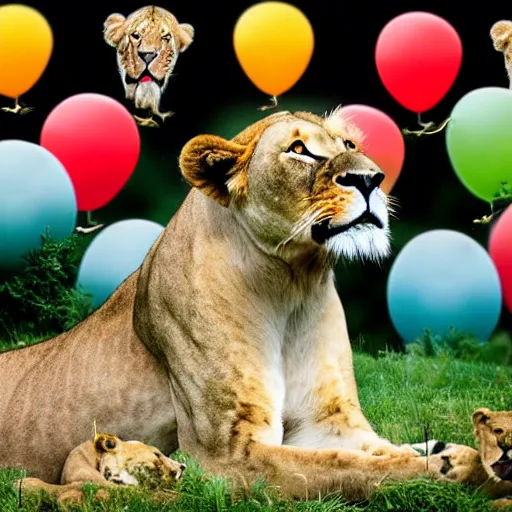 Image similar to award winning panoramic nature photography, a scenic picture of a birthday cake surrounded by lions. balloons are in the background. birthday party setting. extremely detailed lioness. hyperrealistic, 8 k