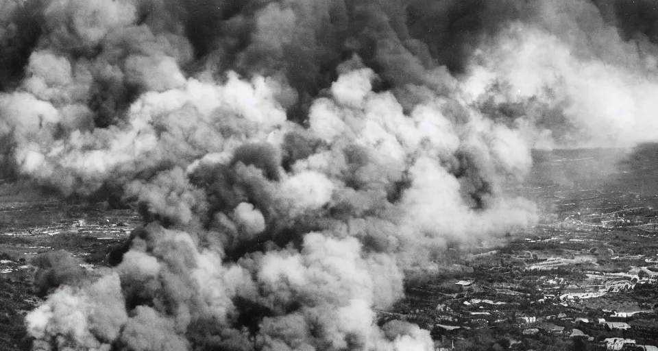 Image similar to ww1 trench battle, shots fired, clouds of smoke, aerial view, high res, 120 black and white film