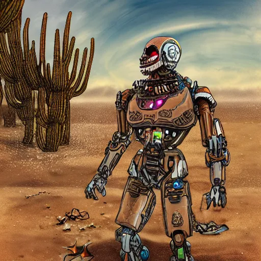 Image similar to cyborg in the desert, digital art