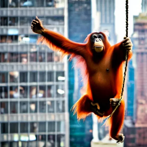 Prompt: a picture of a orangutan swinging in nyc times square, photorealistic