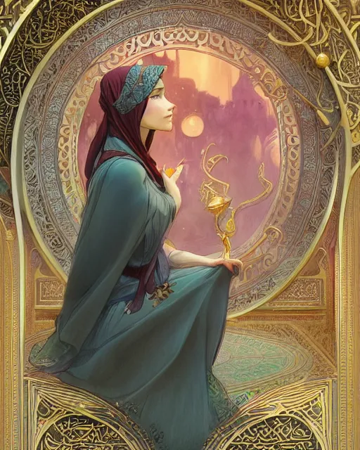 Prompt: an open quran highly detailed, gold filigree, romantic storybook fantasy, soft cinematic lighting, award, disney concept art watercolor illustration by mandy jurgens and alphonse mucha and alena aenami, pastel color palette, featured on artstation