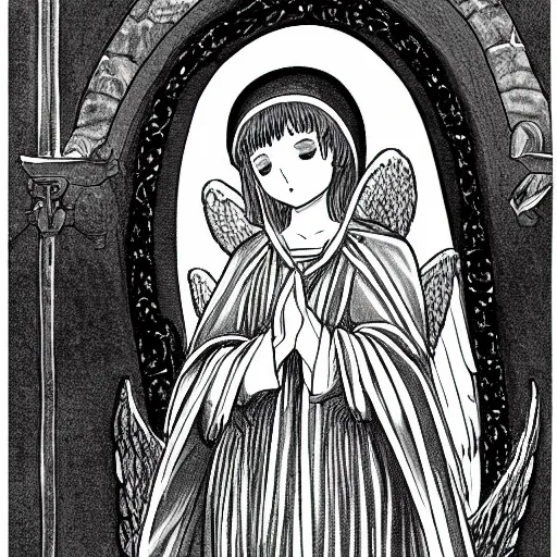 Image similar to beautiful detailed illustration of catholic anime angel praying in church, pixiv