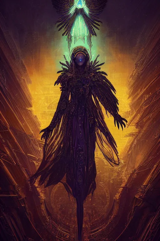 Image similar to a beautiful tarot card artwork of a cyberpunk fallen dark seraphim, horror, backlit, gloomy sky, highly detailed, digital painting, intricate golden threads, by eddie mendoza and greg rutkowski and dan mumford and artgerm, vivid colors, detailed shading, 8 k resolution, intricate, smooth