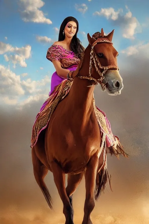 Image similar to hyperrealistic pictures from middle eastern woman ride horse, super highly detail