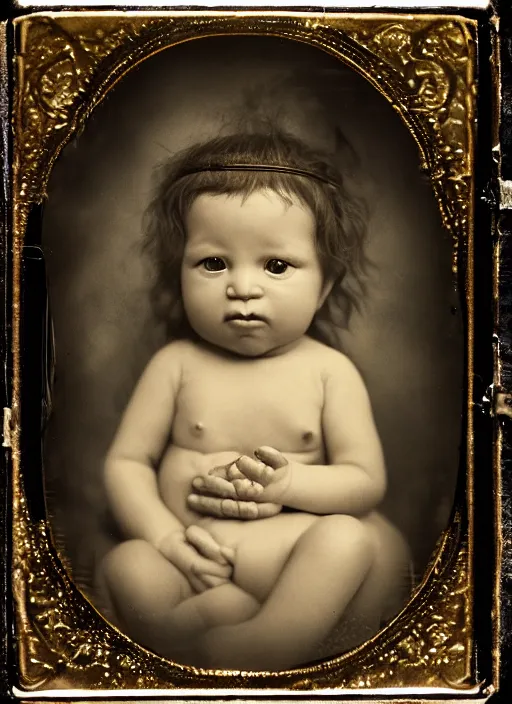 Image similar to old wetplate daguerreotype portrait of baby on mothers womb, explosion of data fragments, fractal, intricate, elegant, highly detailed, parallax, leica, medium format, subsurface scattering, by marie harnett