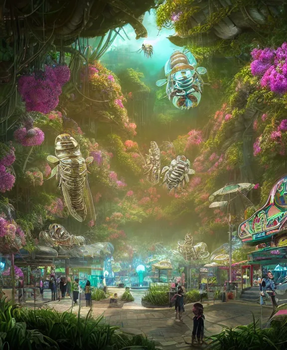 Image similar to an amusement park made out of alien isopod dragonflies, in the style of an seamless robot, overgrown with puffy orchids, partly cloudy, somber, dramatic lighting, by dan mumford, yusuke murata, makoto shinkai, ross tran, cinematic, unreal engine, cel shaded, featured on artstation, pixiv