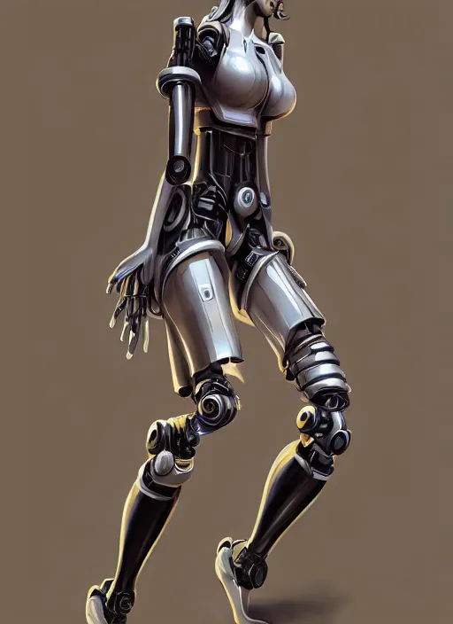 Image similar to a robot wearing a maid dress, striped thigh high, full body shot, highly detailed, digital painting, artstation, concept art, smooth, sharp focus, illustration