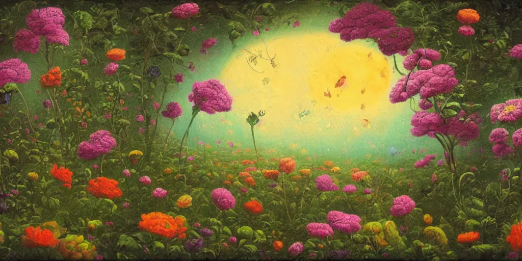 Image similar to a flowering garden on the moon, 👽🤖, impasto paint in the style of martin johnson heade and mark ryden,