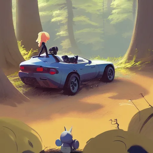 Image similar to goro fujita ilustration hikers parking the car in the forest, characterized by masamune shirow and greg rutkowski, character art, focus, highly detailed, artstation