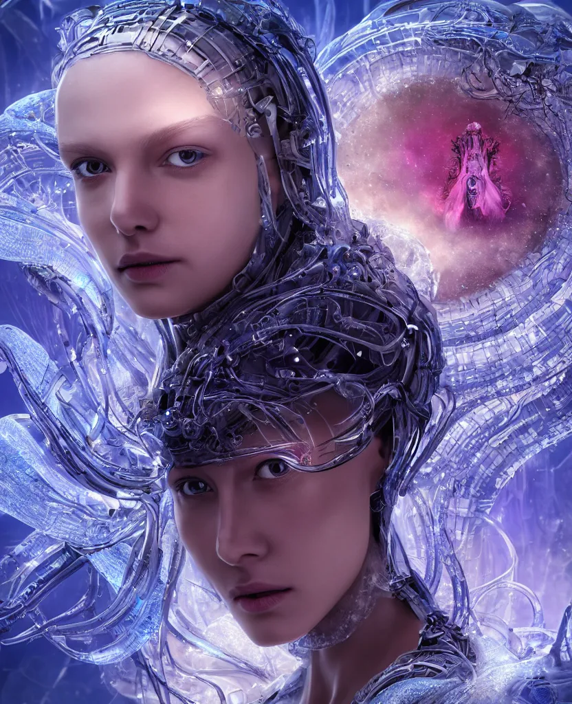 Image similar to epic futuristic ancient close-up macro portrait of the face of a beautiful princess, epic angle and pose, symmetrical artwork, 3d with depth of field, blurred background, cybernetic jellyfish crystal, obsidian, female face skull phoenix bird, translucent, nautilus, energy flows of water and fire. a highly detailed epic cinematic concept art CG render. made in Maya, Blender and Photoshop, octane render, excellent composition, cinematic dystopian brutalist atmosphere, dynamic dramatic cinematic lighting, aesthetic, very inspirational, arthouse. y Greg Rutkowski, Ilya Kuvshinov, WLOP, Stanley Artgerm Lau, Ruan Jia and Fenghua Zhong