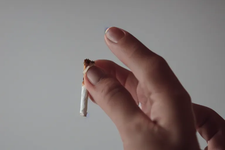 Image similar to Close-up photo of thin soft hand holding cigarette with smoke, hyper realistic