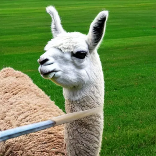 Prompt: llama mowing the lawn