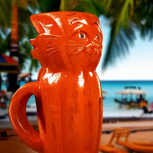 Image similar to a closeup photorealistic photograph of a glossy orange cat garfield style tiki mug sitting at a trader vic's beach bar featuring garfield's face. tiki theme. bright scene. fine detail. this 4 k hd image is trending on artstation, featured on behance, well - rendered, extra crisp, features intricate detail, epic composition and the style of unreal engine.