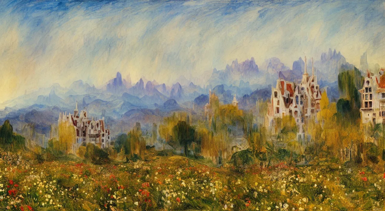 Prompt: a landscape painting of a house designed by Antoni Gaudí, with flower fields as foreground, with mountains as background, by J. M. W. Turner