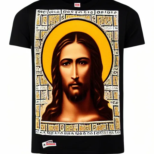 Image similar to a photo of a supreme t - shirt with an image of jesus on it, 4 k, highly detailed