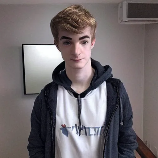 Image similar to “a realistic detailed photo of a guy who is an attractive humanoid who is half robot and half humanoid, who is a male android, twitch streamer Ninja Tyler Blevins, shiny skin, posing like a statue, blank stare, gaming room, close up”