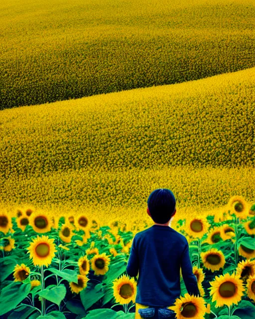 Prompt: boy standing on a hill looking down into the valley of sunflower fields, hills, cliffs, yellow sunflowers by beeple