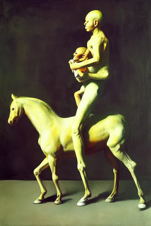 Image similar to astronaut carrying baby horse, hauntingly surreal, highly detailed painting by francis bacon, edward hopper, adrian ghenie, gerhard richter, and james jean soft light 4 k,