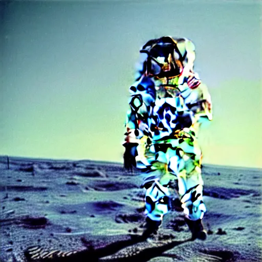 Image similar to medium - shot photo of david bowie!! wearing a space suit, walking on the moon!! surface!!, visible!! face!!, by warhol,