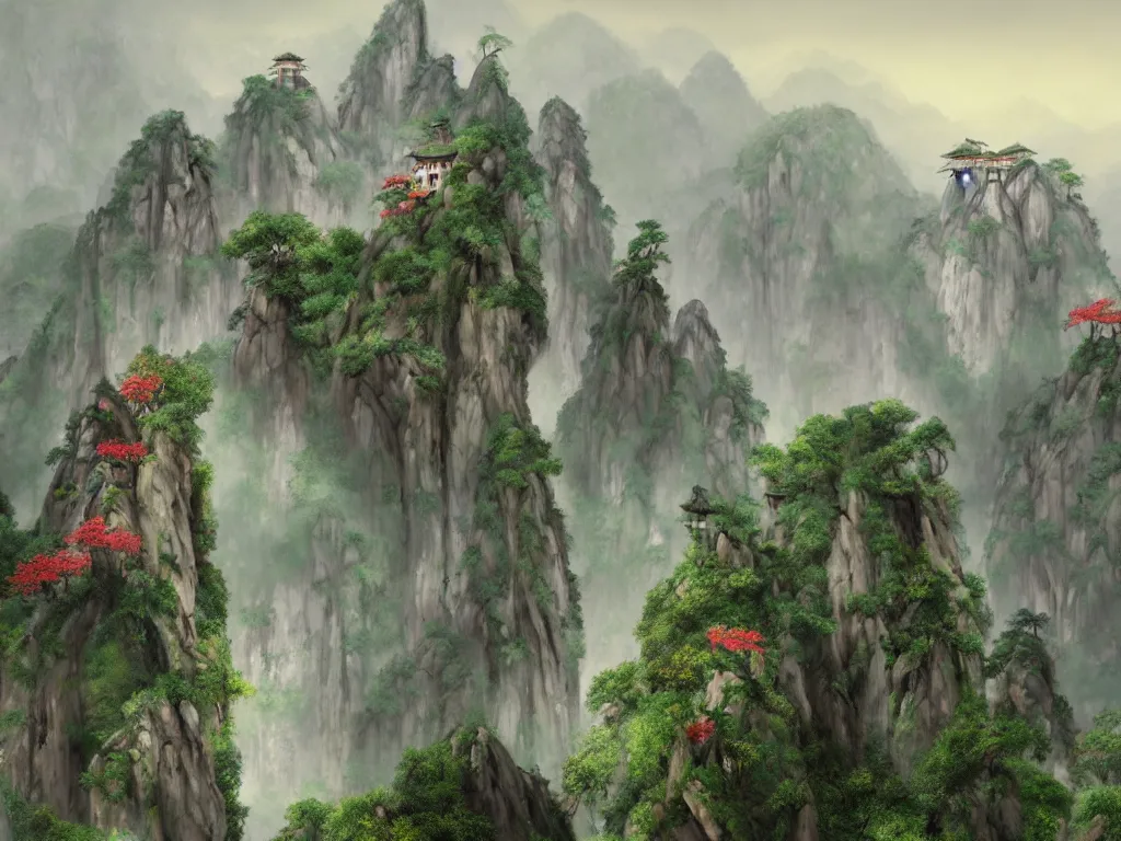 Prompt: the beautiful mountainous landscape of huangshan with buddisht and taoist temples on hilltops on a rainy day by gediminas pranckevicius