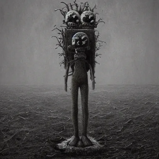 Image similar to spongebob squarepants in style of zdzisław beksinski, standing in wasteland, horror art, creepy, desolate