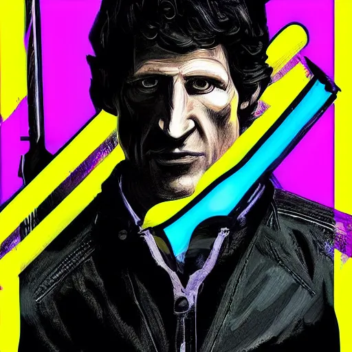 Image similar to todd howard with a switchblade in a alleyway, forcing you to buy skyrim, threatening, sharp, colorful, digital art, neon, bright, realism, bold