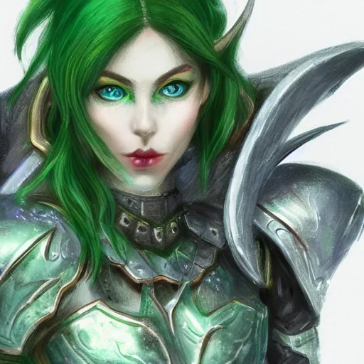 Image similar to a close up of a green haired elf person with blue eye with a horns crown red lips and wearing light armour, concept art by Lü Ji, trending on Artstation, fantasy art, official art, detailed painting, artstation hd