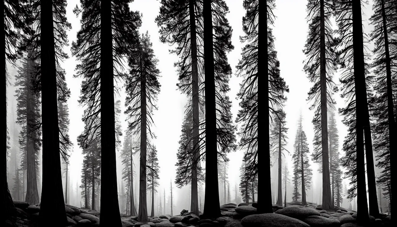 Image similar to hiking past giant sequoias by mads berg, karolis strautniekas, film noir, stippled light, dramatic lighting, editorial illustration, detailed, fine texture, matte print,