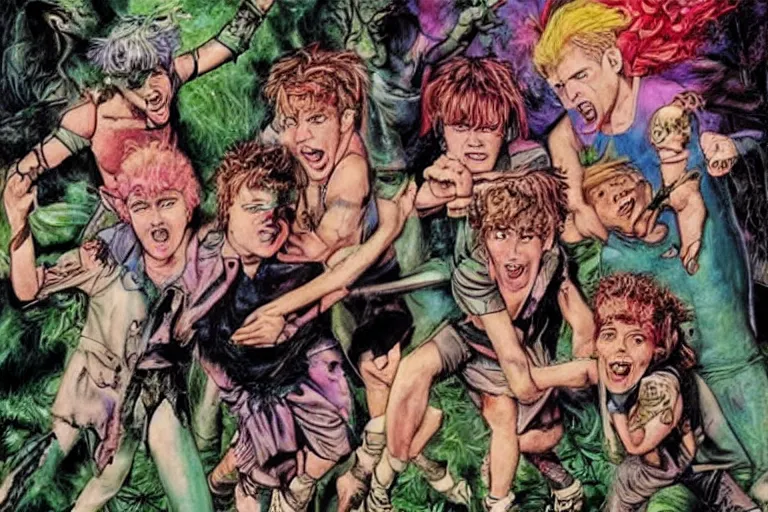 Prompt: 1 9 8 0's punk rock lost boys of neverland fighting an adult peter pan who abandoned them. london. art by glenn fabry. hyper realistic. london.