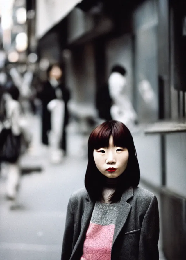 Prompt: a portrait street photograph shot on cinestill 5 0 d of one japanese woman in 9 0 s fashion with modest make up and her hair died to a hazelnut brown, shot in shibuya tokyo on a 3 5 mm at f / 2. 8, print magazine quality, nostalgia, 8 k