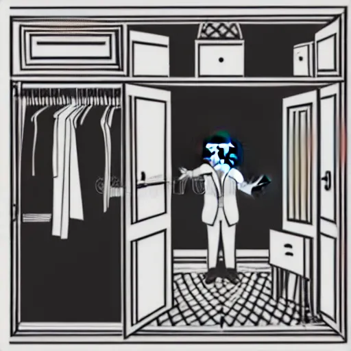 Image similar to storybook illustration of an open wardrobe revealing the entrance to a fantastic world featuring donald trump, storybook illustration, monochromatic