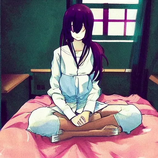 Image similar to “anime girl sitting in bedroom”