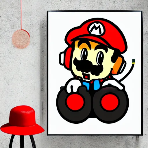 Image similar to svg sticker of a Pop-Wonder SuperMario, Mario-Wearing-a-red-hat, at a rave, spinning records, giant headphones rocking out, wearing headphones, huge speakers, dancing, rave, DJ, spinning records, digital art, amazing composition, rule-of-thirds, award-winning, trending on artstation, featured on deviantart