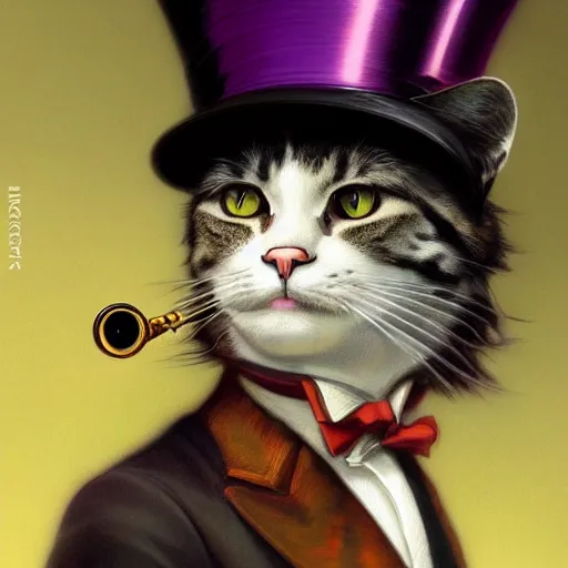 Image similar to close portrait of a fancy cat ( animal ) with a top hat and monocle, vaporwave, highly detailed, digital painting, artstation, concept art, smooth, sharp focus, illustration, art by artgerm and greg rutkowski and alphonse mucha