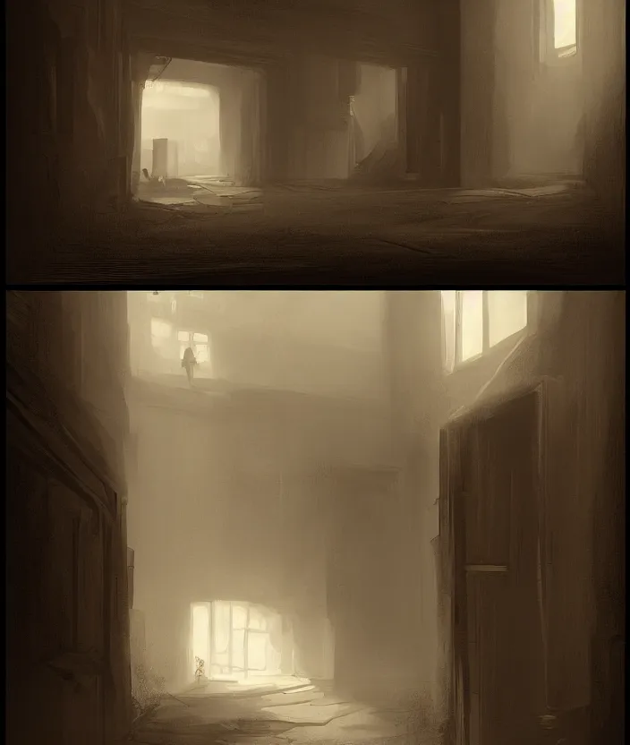 Prompt: a door at the end of a long dark staircase leading down and a dark corridor by raphael lacoste, trending on artstation