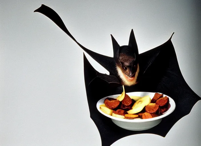 Image similar to a long shot, color studio photographic portrait of a bat eating bananas, dramatic backlighting, 1 9 9 3 photo from life magazine,