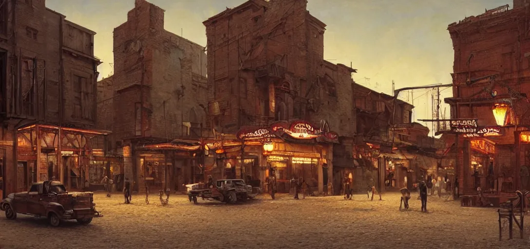 Prompt: from a movie scene, painting of a western saloon exterior in old town, roman architecture, bright lights, beksinski, gregory crewdson, cinematic wide shot