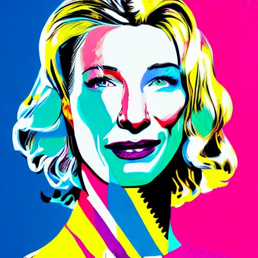 Prompt: pop art portrait of cate blanchett