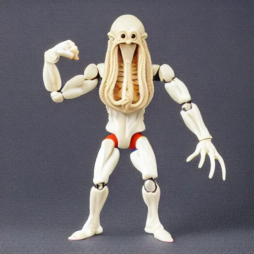 Image similar to 1980s plastic vinyl action figure toy of Cthulu creature with muscular arms, studio photography isolated on a white background