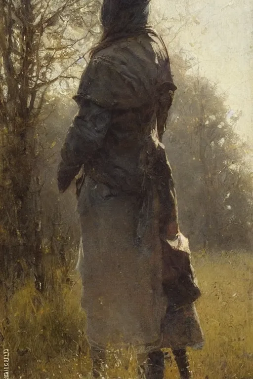 Image similar to Richard Schmid and Jeremy Lipking full length portrait painting of a victorian castle