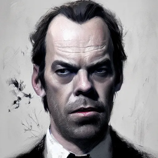 Image similar to Portrait of Young Hugo Weaving by Greg Rutkowski in a suit smoking a cigar, Realistic Painting, very detailed, digital painting, trending on artstation, concept art, smooth, artstation HQ