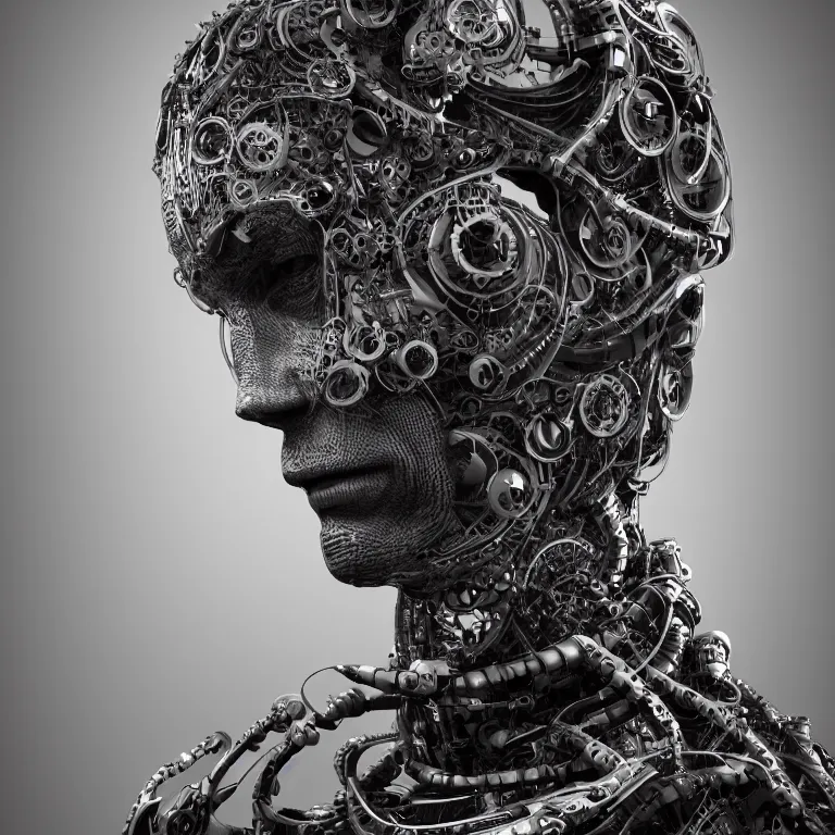 Prompt: surreal biomechanical spinal ribbed tribal exotic organic man face portrait of mechanical cyborg, beautiful detailed intricate insanely detailed BW 3D render digital art, octane render, 8K artistic photography, photorealistic