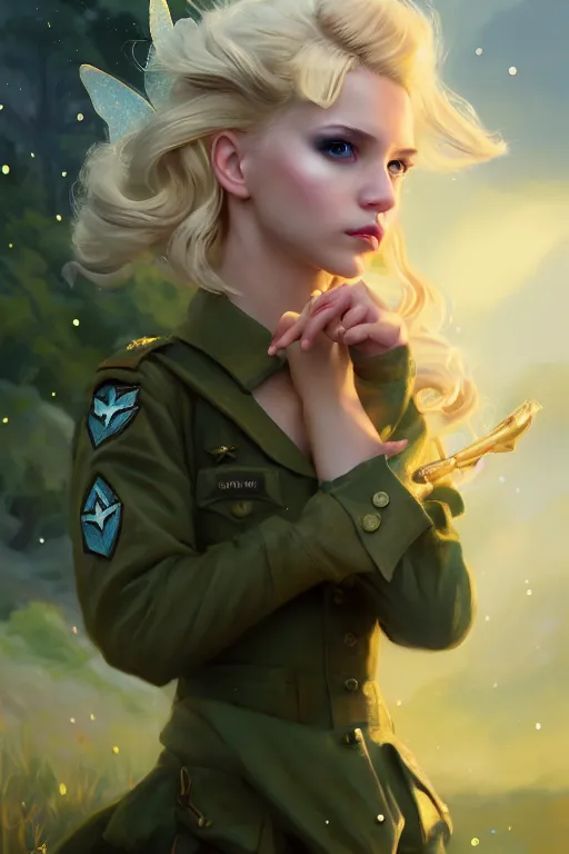 Image similar to cinematic shot of an epic portrait of a cute blonde fairy dressed in military clothes, stylised military clothes, shiny skin, beautiful eyes, beautiful, small details, night setting, realistic poster with volumetric light from craig mallism, artgerm, jeremy lipkin and michael garmash, unreal engine, radiant light, digital art, trends at art station, a masterpiece